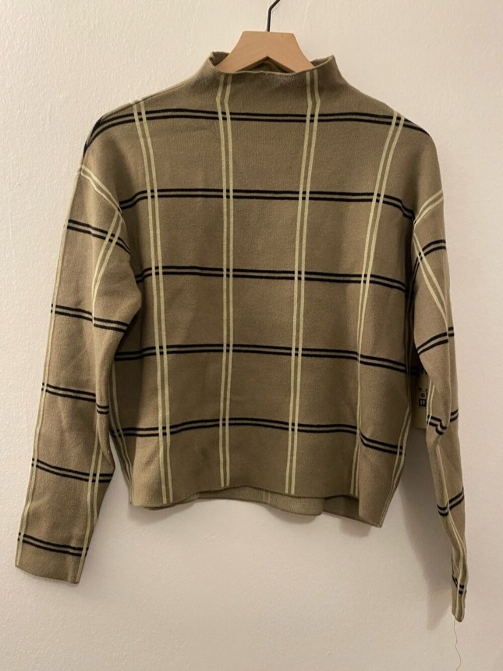 Olive Plaid Turtleneck Sweater with Cream & Black Windowpane